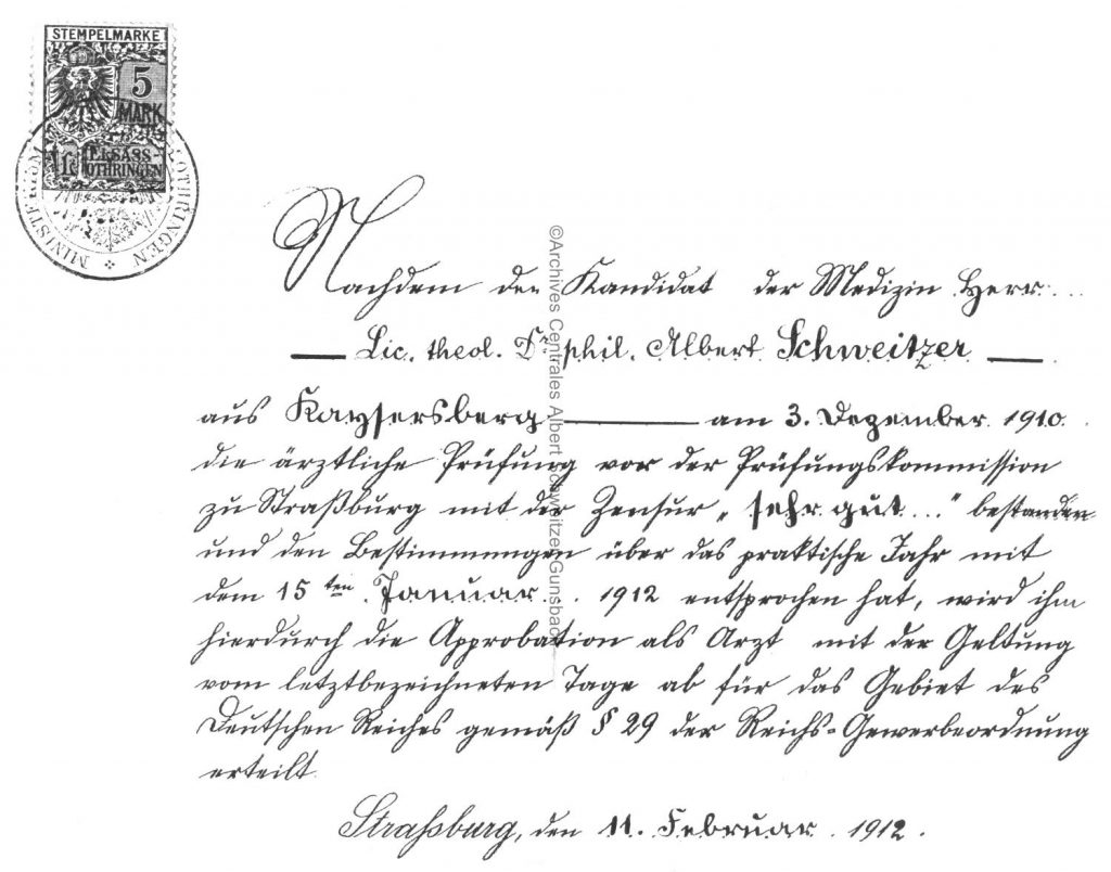 Diplôme de médecine d’Albert Schweitzer